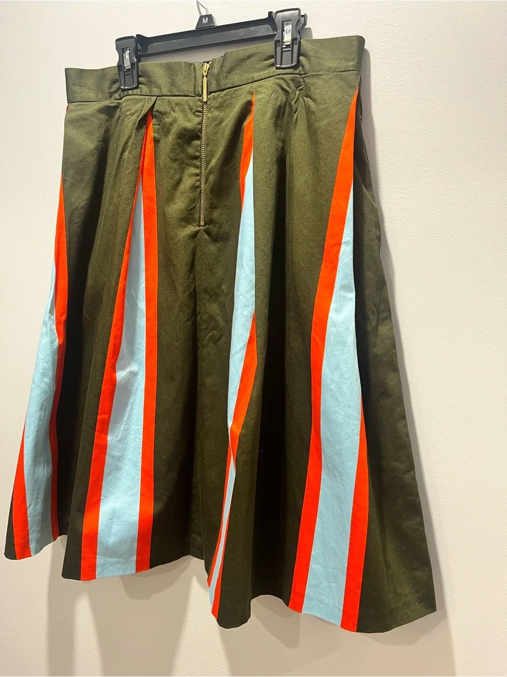 Closet London Striped Box Pleat Bell Midi Skirt Olive Green Orange Mod Size 10